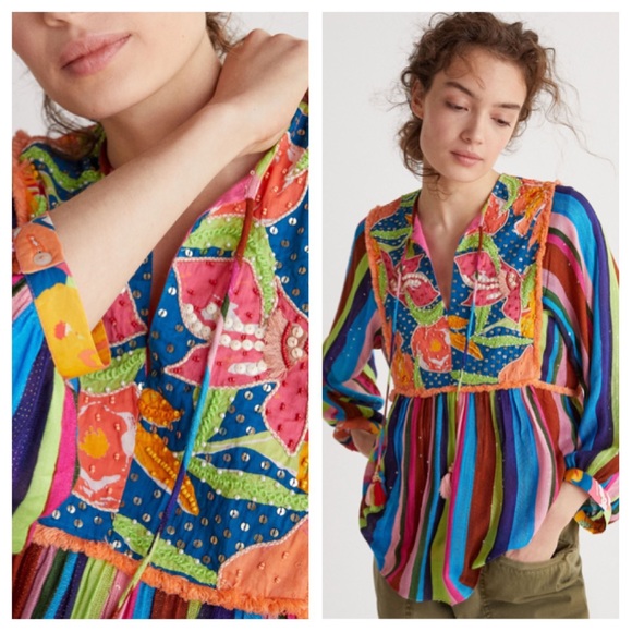 Anthropologie Large Floral Beaded Babydoll Blouse - Picture 1 of 12